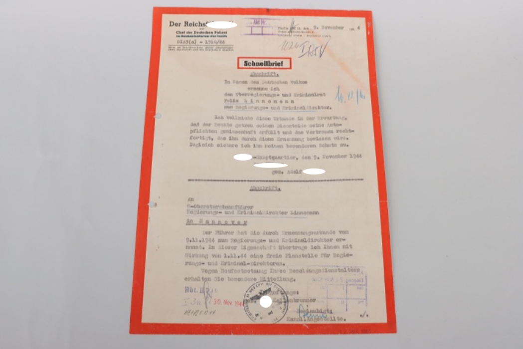 Himmler, Heinrich - signed promotion document (express letter)