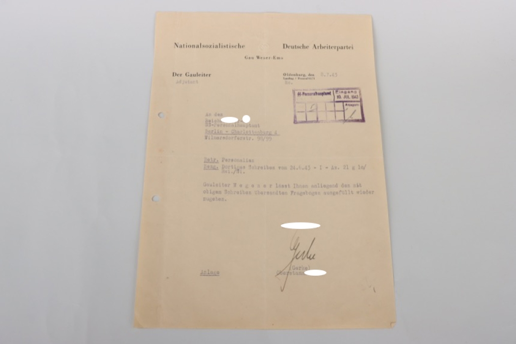 Letter from Gauleiter Weser-Ems to Reichsführer SS/SS Personnel Office