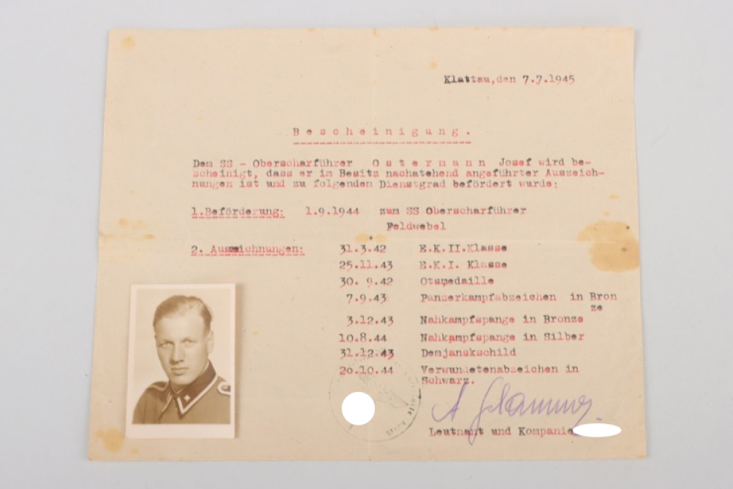 Document of an SS-Oberscharführer - Close Combat Clasp in Silver winner