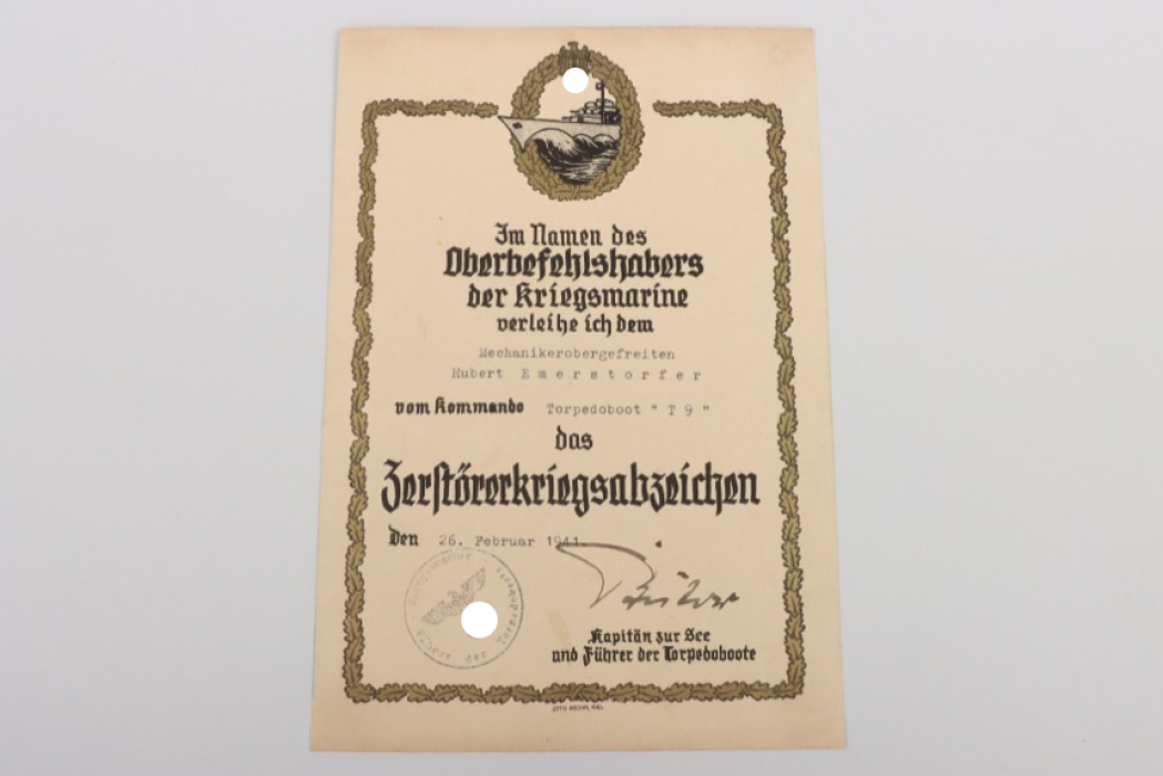 Certificate to Destroyer War Badge - "T 9"
