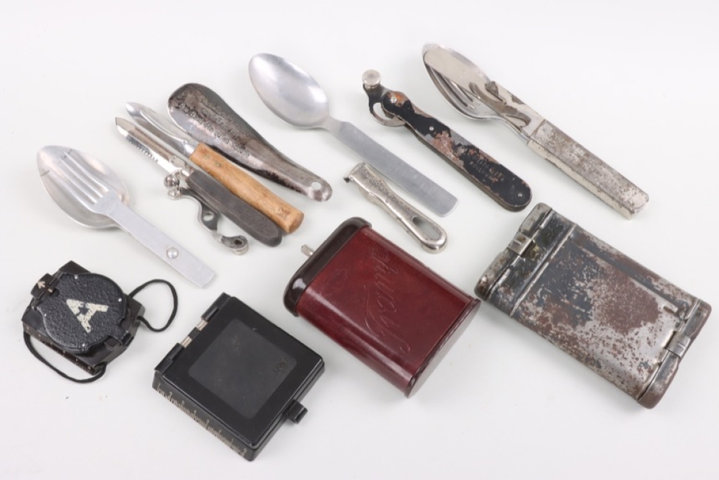 lot of personal items, cutlery, compass, cleaning kit, coffee grinder