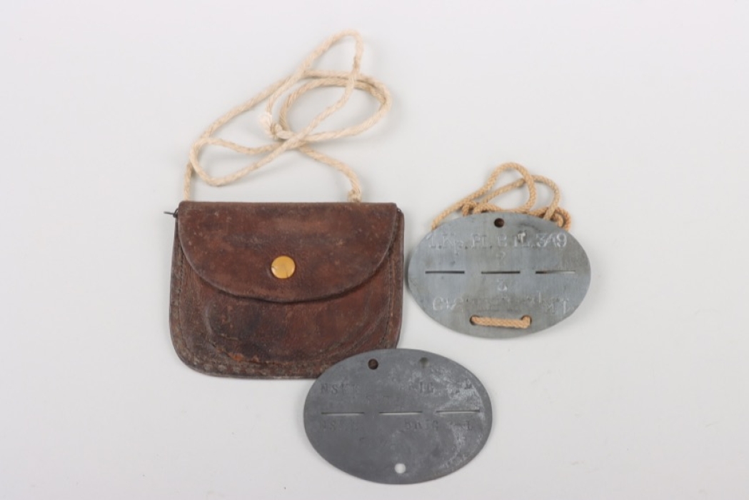ID tag "Pionier Bataillon 349" and "NSKK 1 Brigade L" + leather bag
