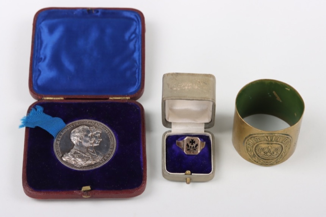 WWI ring in case, Prussian napkin ring, and Prussian wedding anniversary medal in case