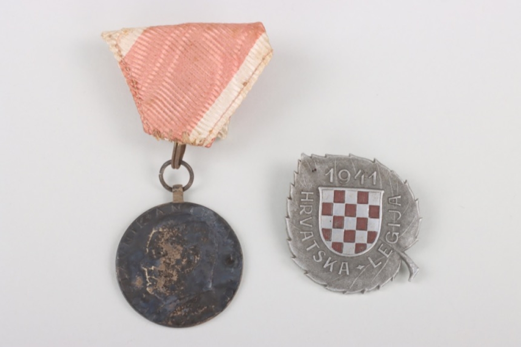 1941 "HRVATSKA-LEGIJA" Croatian Legion cap badge + Croatian bravery medal