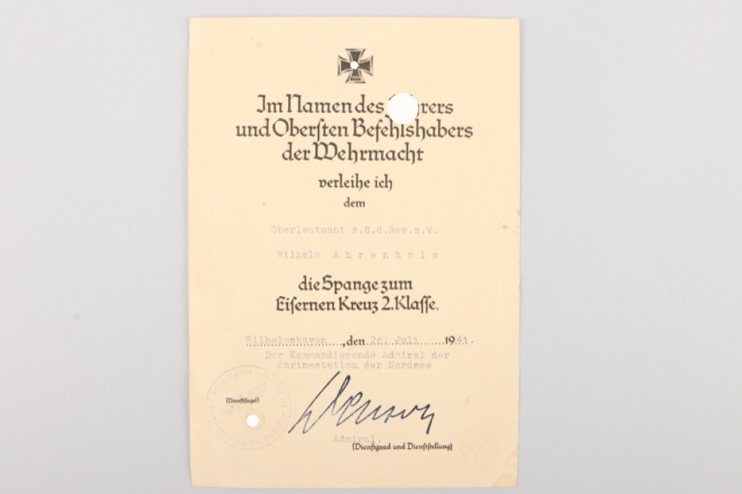 Document to the 1939 Clasp to the Iron Cross 2nd Class 1914 to Lieutenant 1st Class W. Ahrenholz