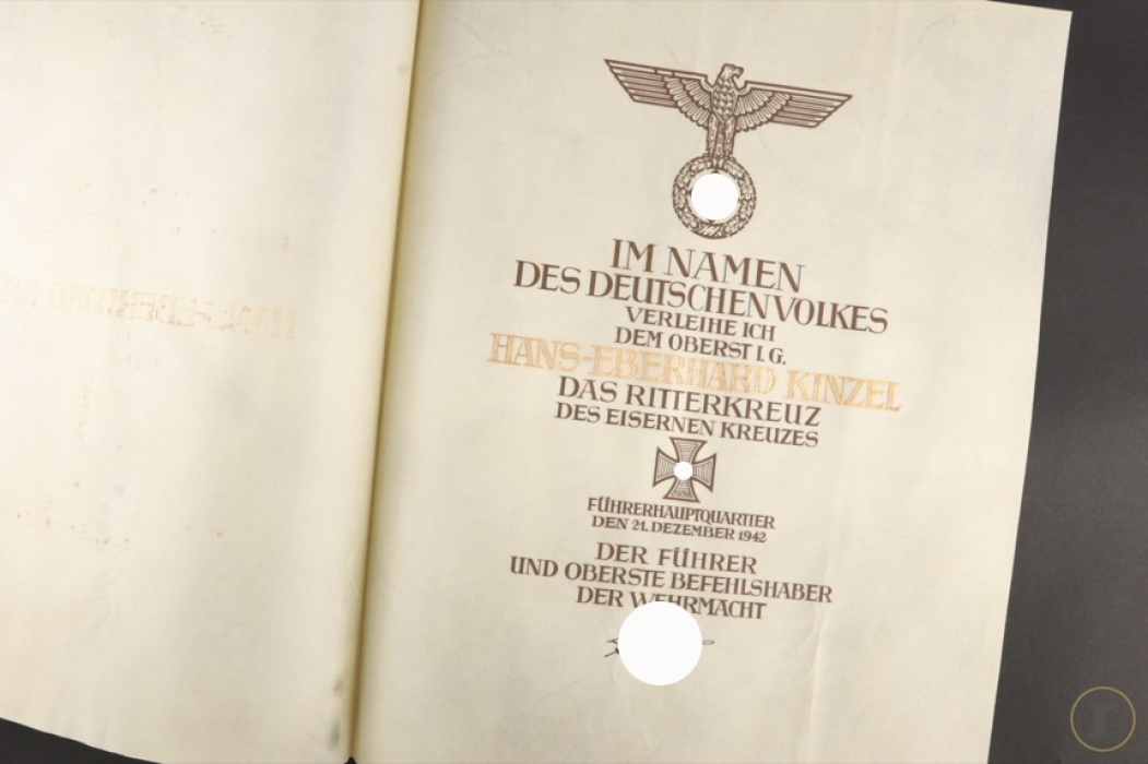 Oberst i.G. Hans-Eberhard Kinzel - Award Document to the Knight's Cross of the Iron Cross