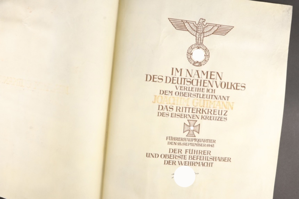 Oberstleutnant Joachim Gutmann - Award Document to the Knight's Cross of the Iron Cross