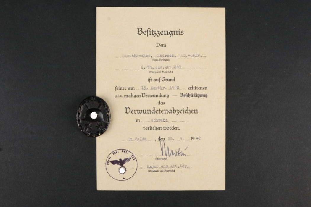 Pz.Jäg.Abt.248 Wound Badge in Black with certificate