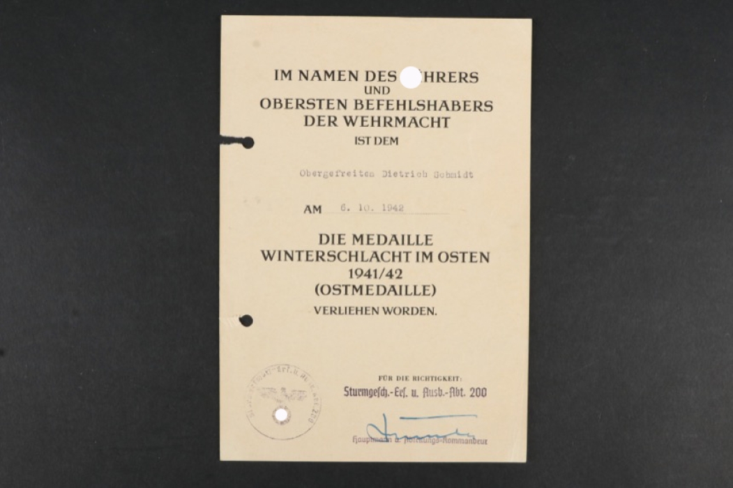 Sturmgeschütz Ers.u.Ausb.Abt. 200 East Medal Document
