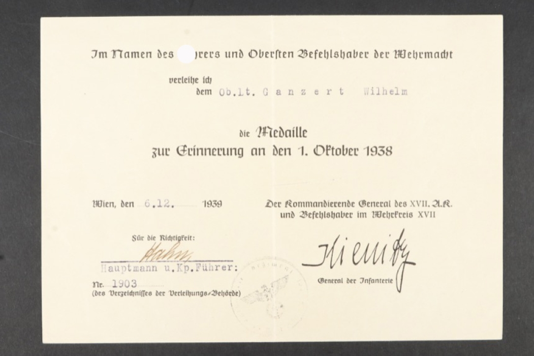 Sudetenland Anschluss medal 1. October 1938 Document