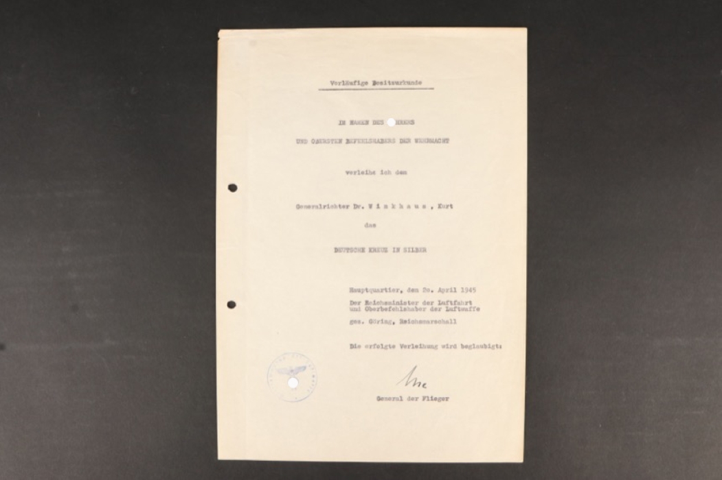 German Cross in Silver Award Document 1945
