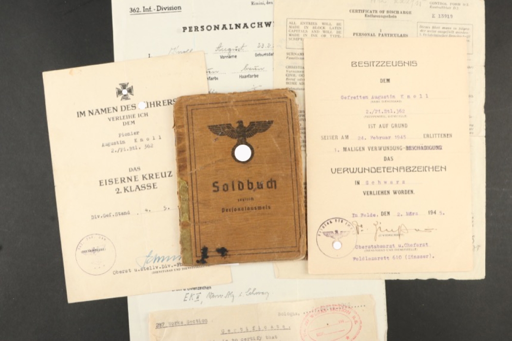 Soldbuch and Award Documents to a member of the Pio.Btl.362