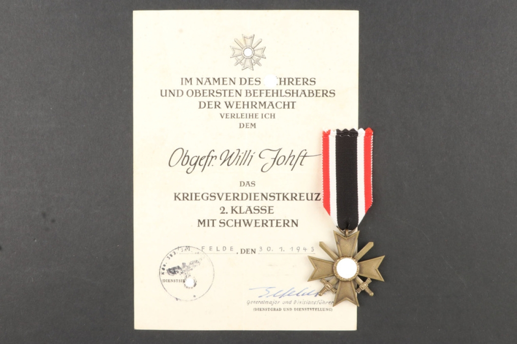 War Merit Cross 2nd Class with Swords, 1939, with document