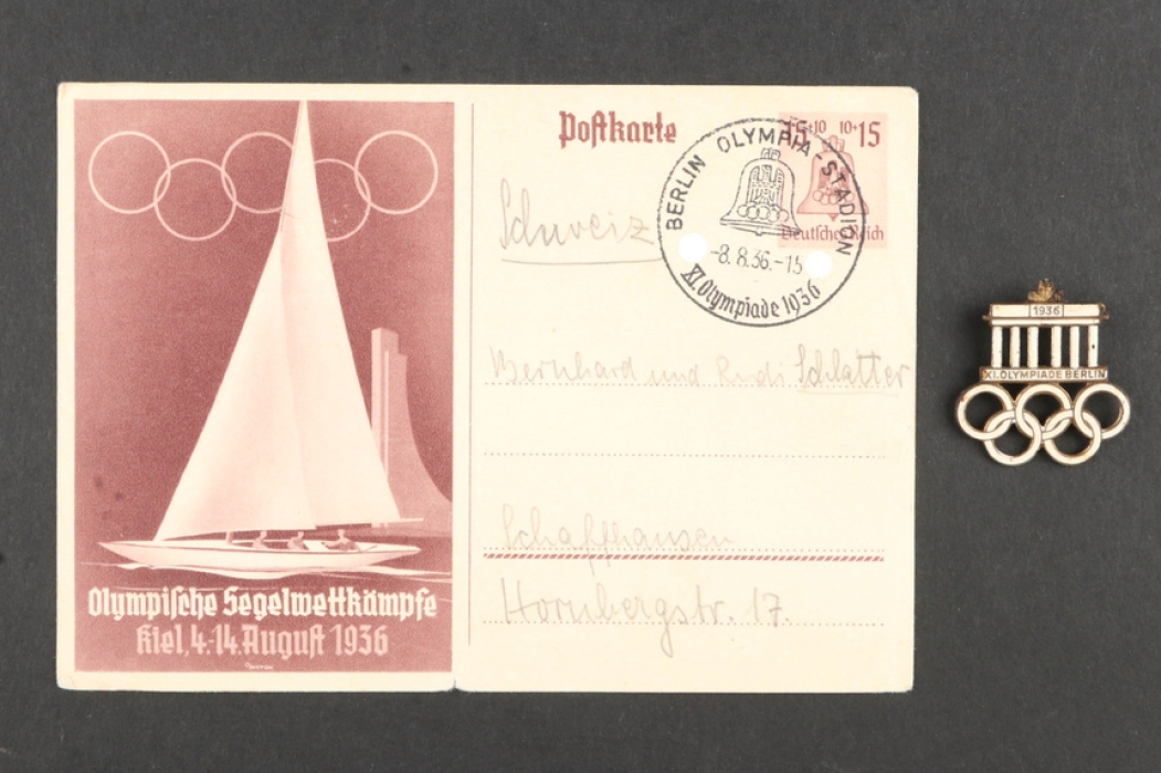 Souvenir Pin 1936 Olympic Games and Postcard