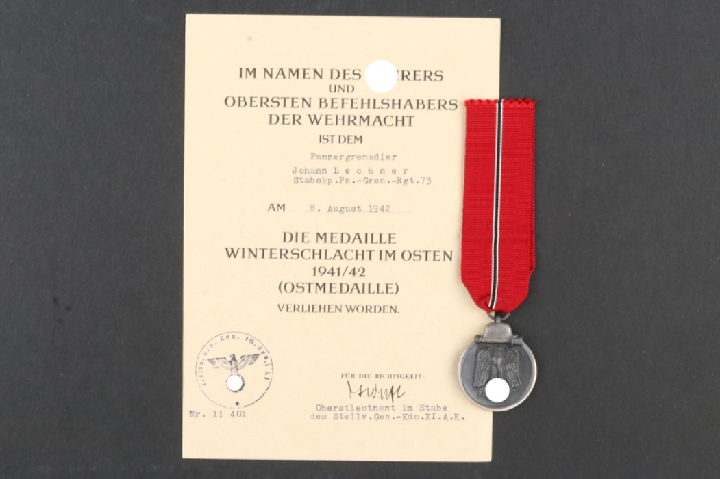 East Medal and document - Pz.Gren.Rgt. 73
