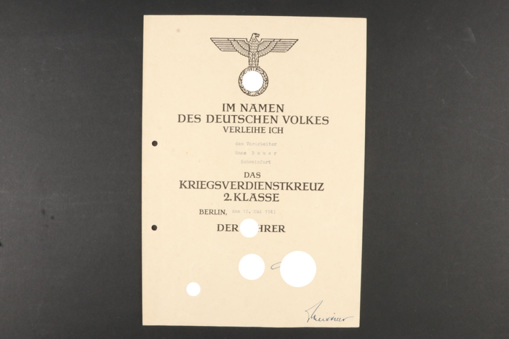 Document for a War Merit Cross 2nd Class,1939, with swords