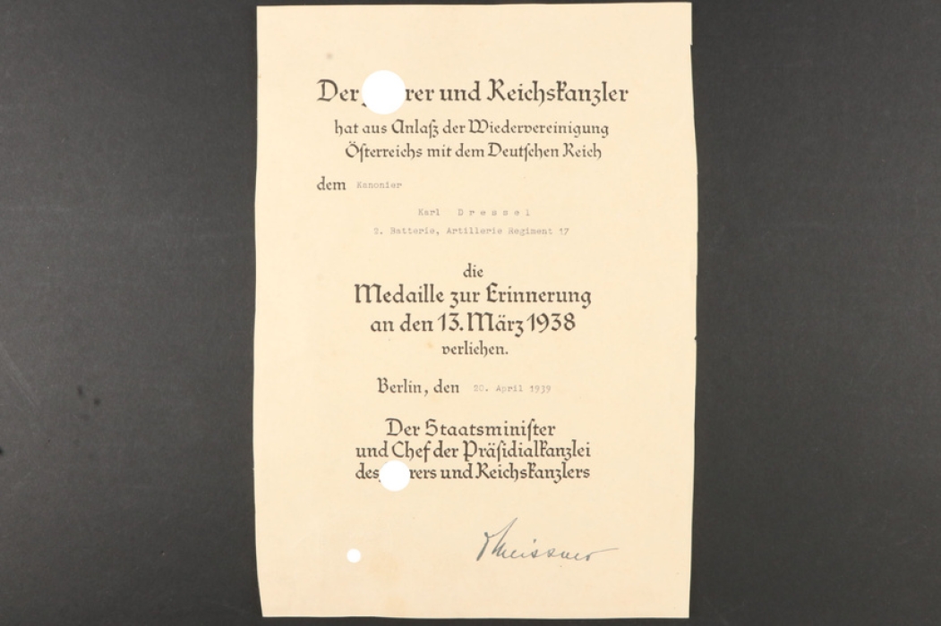 Austria Anschluss medal 13. March 1938 Document
